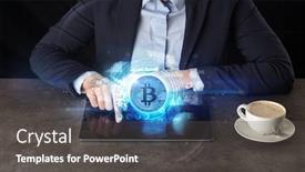  Presentation with cryptocurrency - Presentation design having business woman working on tablet with cryptocurrency and network concept background and a dark gray colored foreground