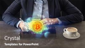  Presentation with cryptocurrency - Amazing presentation having business woman working on tablet with cryptocurrency and network concept backdrop and a dark gray colored foreground