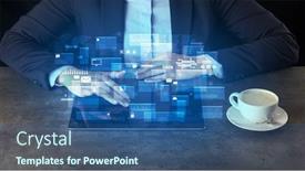  Presentation with database - Colorful presentation theme enhanced with business woman working on tablet with global database concept and dark background backdrop and a ocean colored foreground