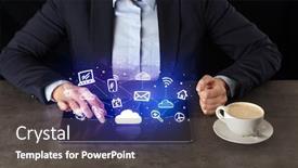  Presentation with cloud technology - Cool new presentation with business woman working on tablet with application and cloud technology concept backdrop and a dark gray colored foreground