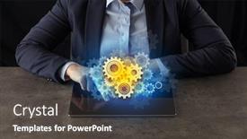  Presentation with gear - Amazing PPT theme having business woman working on tablet with setting and gear concept backdrop and a dark gray colored foreground