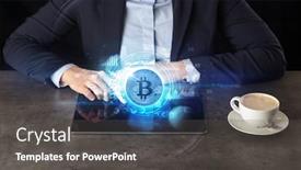  Presentation with cryptocurrency - Slide set with business woman working on tablet with cryptocurrency and network concept background and a dark gray colored foreground
