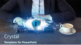  Presentation with working woman - PPT theme having business woman working on tablet with secured cloud technology and network concept background and a ocean colored foreground