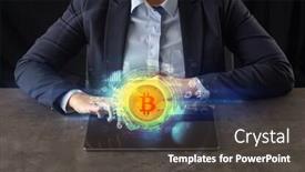  Presentation with cryptocurrency - Slide set enhanced with business woman working on tablet with cryptocurrency and network concept background and a dark gray colored foreground