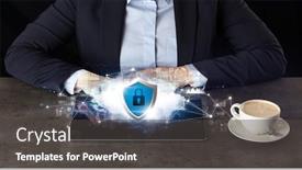  Presentation with working woman - Beautiful slide set featuring business woman working on tablet with secured cloud technology and network concept backdrop and a dark gray colored foreground