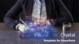  Presentation with database - PPT theme having business-woman-working-on-tablet background and a ocean colored foreground