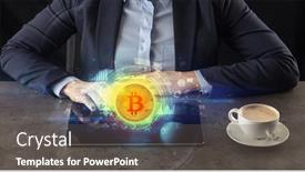  Presentation with cryptocurrency - Presentation design enhanced with business-woman-working-on-tablet background and a dark gray colored foreground
