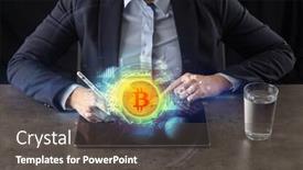 Presentation with cryptocurrency - Slide deck having business-woman-working-on-tablet background and a dark gray colored foreground