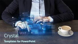  Presentation with global - PPT theme enhanced with business-woman-working-on-tablet background and a ocean colored foreground