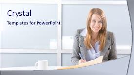  Presentation with woman office desk - Amazing slide deck having business woman writing notes at desk in a modern office backdrop and a sky blue colored foreground