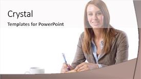  Presentation with writing notes - Beautiful theme featuring business woman writing notes at desk isolated on white backdrop and a white colored foreground