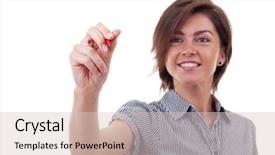  Presentation with writing pen - Colorful theme enhanced with business woman writing something with a marker or pen backdrop and a lemonade colored foreground