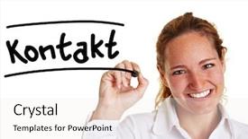  Presentation with writing - Slides with business woman writing the word kontakt on glass background and a white colored foreground