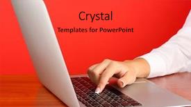  Presentation with hands of anonymous hackers typing - Slide deck having business woman's hands typing background and a red colored foreground