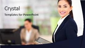  Presentation with tablet - PPT layouts consisting of business women - beautiful modern businesswoman holding tablet background and a light gray colored foreground