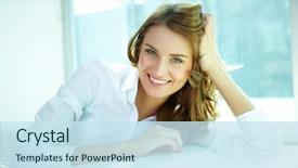  Presentation with look - Presentation design having business women - image of a young woman background and a sky blue colored foreground