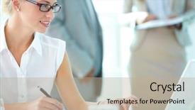  Presentation with secretary - Colorful presentation theme enhanced with business women - portrait of busy secretary typing backdrop and a mint green colored foreground