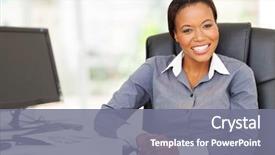  Presentation with african - Amazing PPT theme having business women - smiling african businesswoman sitting backdrop and a gray colored foreground