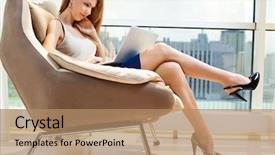  Presentation with young man holdng laptop on lap money - Slides having business women - young woman sitting on chair background and a coral colored foreground