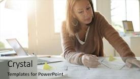  Presentation with architect - PPT theme enhanced with business women design - woman architect working on blueprints background and a light gray colored foreground