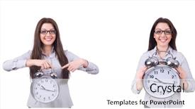  Presentation with business women - Cool new slide set with business women montage - woman with clock isolated backdrop and a white colored foreground