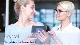  Presentation with business women - Slides having business women using digital tablet in busy office background and a sky blue colored foreground