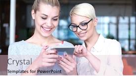  Presentation with business women - Audience pleasing PPT theme consisting of business women using digital tablet in busy office backdrop and a lemonade colored foreground