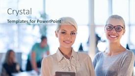  Presentation with business women - Theme consisting of business women using digital tablet in busy office background and a sky blue colored foreground