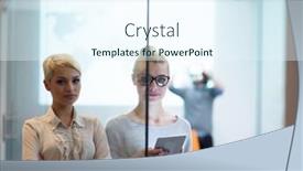  Presentation with business women - Presentation theme having business women using digital tablet in busy office background and a sky blue colored foreground