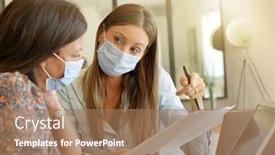  Presentation with business women - Beautiful PPT theme featuring business-women-working-in-office backdrop and a coral colored foreground