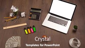  Presentation with business office desk - Cool new slide deck with business wooden desk with office supplies and modern laptop white background backdrop and a tawny brown colored foreground