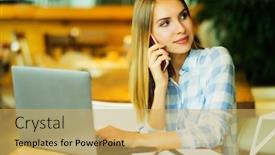  Presentation with cafe - PPT layouts consisting of business wooman using laptop at cafe young beautiful girl sitti background and a yellow colored foreground