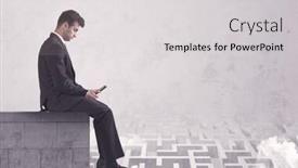  Presentation with solving - Slides consisting of business worker sitting on concrete building edge thinking of solving a maze concept with labyrinth and clouds background and a light gray colored foreground