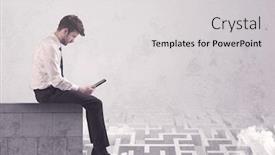  Presentation with solving - Cool new slides with business worker sitting on concrete building edge thinking of solving a maze concept with labyrinth and clouds backdrop and a light gray colored foreground