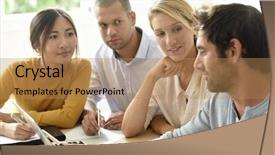  Presentation with office - Slide deck having business workgroup interacting in office background and a  colored foreground