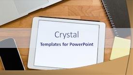  Presentation with desk - Colorful slide deck enhanced with business working desk with tablet showing a blank screen for advertising backdrop and a sky blue colored foreground