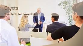  Presentation with shaking hands - Slide set featuring business-workshop-participants-and-speakers background and a lemonade colored foreground