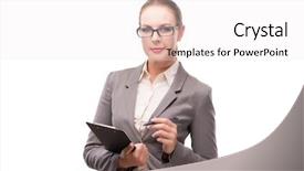  Presentation with black and white film strip - Audience pleasing slides consisting of business writing - strict serious businesswoman isolated backdrop and a sky blue colored foreground