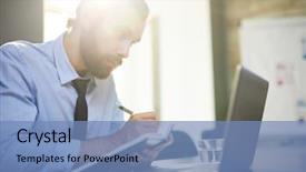  Presentation with writing pen - Amazing PPT theme having business writing - young man with notebook backdrop and a teal colored foreground