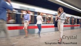  Presentation with waiting - Cool new PPT theme with business-young-woman-waiting backdrop and a light gray colored foreground