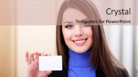  Presentation with car body repairer holding - PPT theme consisting of businesslady holding a blank card background and a coral colored foreground