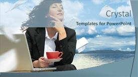  Presentation with keyword - Cool new presentation theme with businesslady-with-laptop-is-working backdrop and a light blue colored foreground