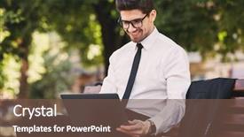  Presentation with man sitting bench - Beautiful PPT theme featuring businesslike suit sitting on bench backdrop and a tawny brown colored foreground