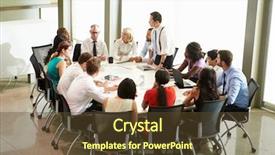  Presentation with meeting table - Slide set having businessman addressing meeting around boardroom background and a tawny brown colored foreground