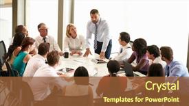  Presentation with meeting table - Colorful slide set enhanced with businessman addressing meeting around boardroom backdrop and a tawny brown colored foreground