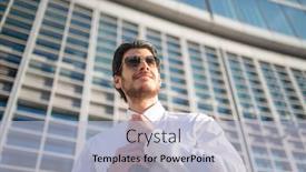  Presentation with job interview - PPT theme having businessman-adjusting-his-necktie-outdoor background and a light blue colored foreground