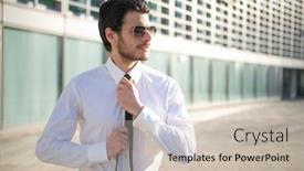  Presentation with job interview - Colorful PPT theme enhanced with businessman-adjusting-his-necktie-outdoor backdrop and a soft green colored foreground