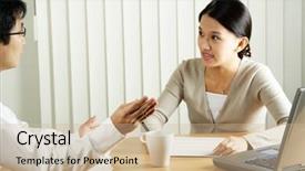  Presentation with discussion - Presentation theme with businessman and a businesswoman having a discussion in an office background and a soft green colored foreground