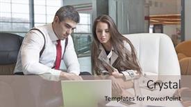  Presentation with kick off meeting - Amazing slide set having businessman and businesswoman at meeting backdrop and a  colored foreground