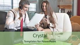  Presentation with monthly meeting - Slide set consisting of businessman and businesswoman at meeting background and a  colored foreground